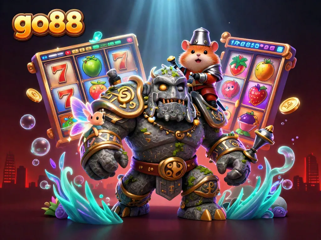 Experience the thrilling vibe of go88 with vibrant slot reels and charming characters in a dynamic casino scene.