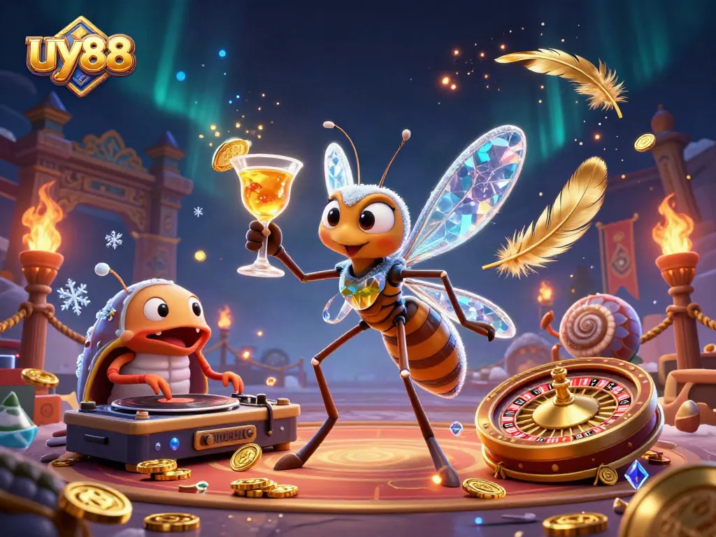 Experience the excitement of uy88 with a lively 3D casino scene featuring unique characters and game elements.