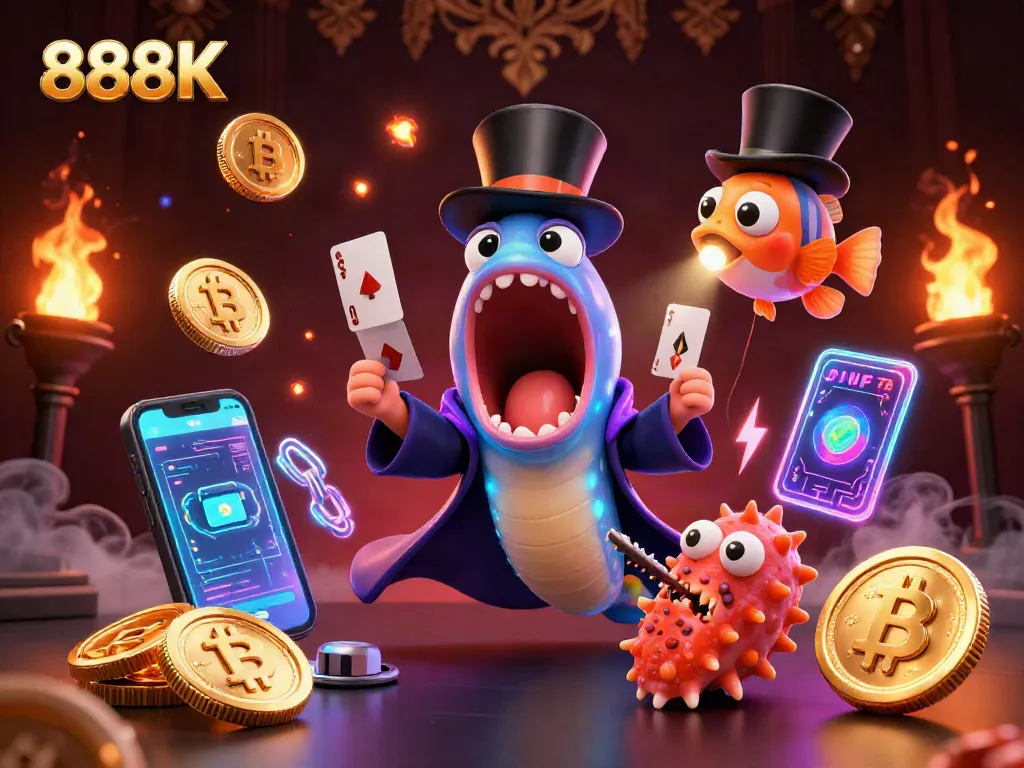 Engage with the casino magic at 888K featuring vibrant underwater characters showcasing thrilling card tricks.