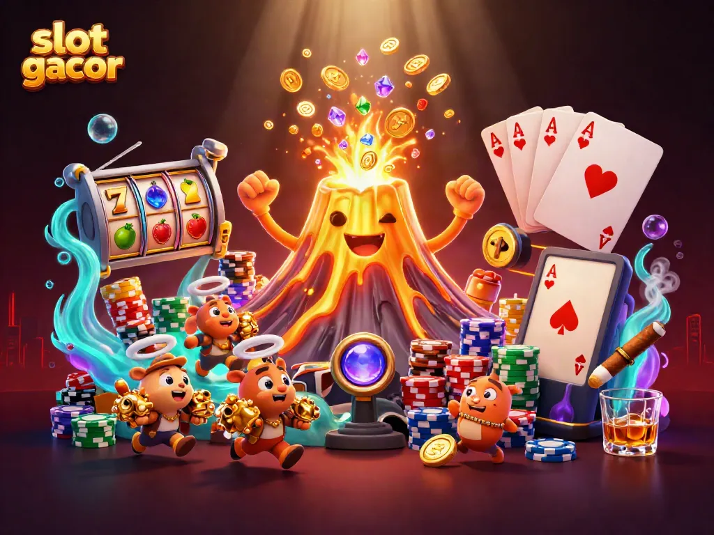Experience the thrill of slot gacor with a vibrant scene of golden volcano erupting treasure, jackpot symbols, and poker elements.