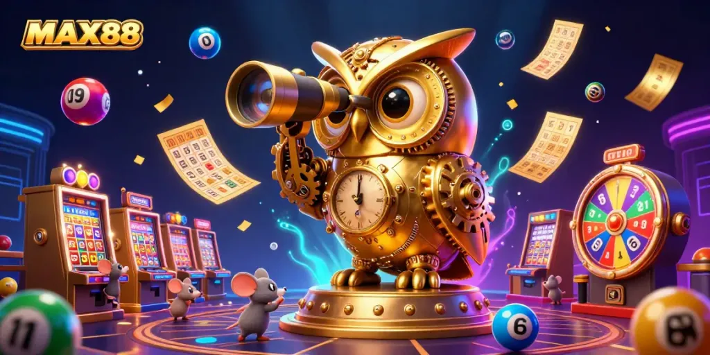 Engage with MAX88's electrifying casino vibes featuring a clockwork owl and lively lottery elements.