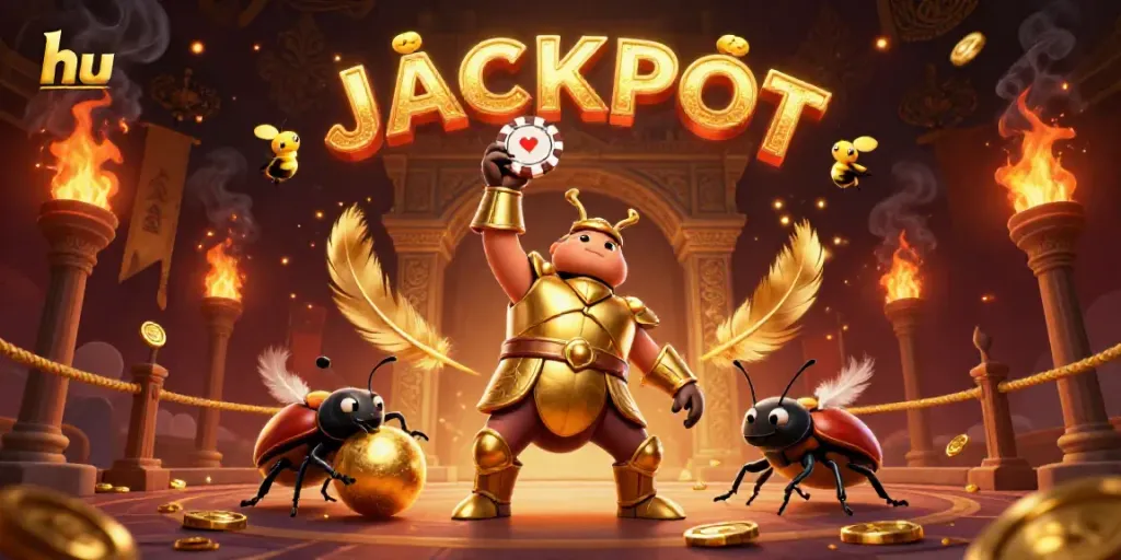 Engage with exhilarating jackpots at hu, featuring a cartoon hercules beetle celebrating a poker win.