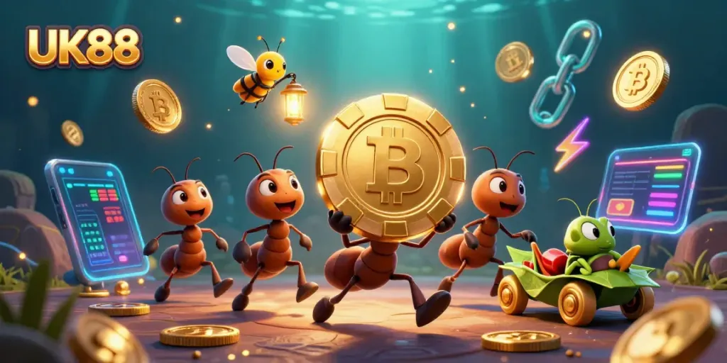 Engage with UK88's thrilling casino experience, featuring animated ants heisting a giant poker chip.
