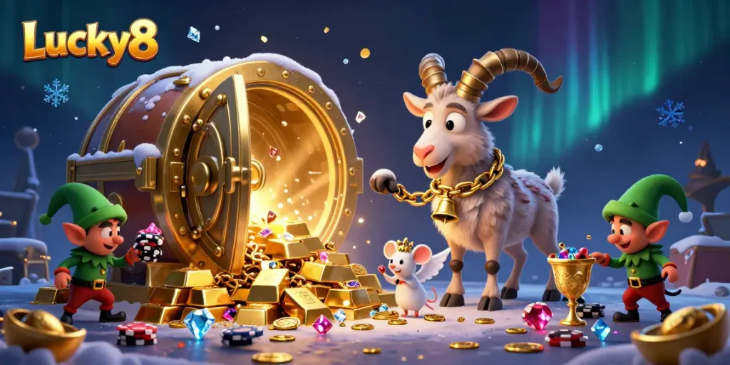 Experience the thrill of Lucky8 with Krampus, an angel mouse, and mischievous gremlins in a vibrant casino scene.