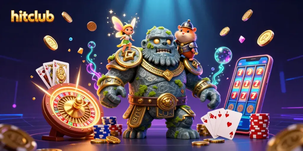 Hitclub offers thrilling gameplay as characters engage with cascading coins and a spinning roulette.