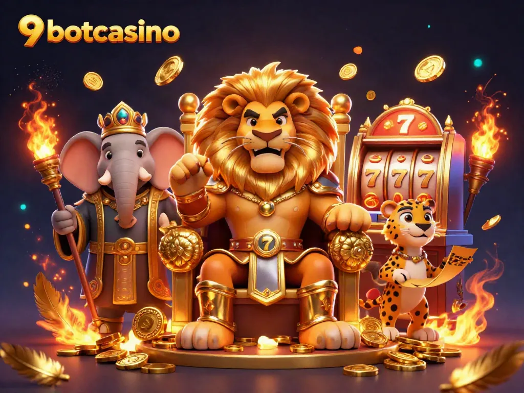 Spin and win at 9betcasino with the lively lion king throne surrounded by gambling excitement and golden rewards.