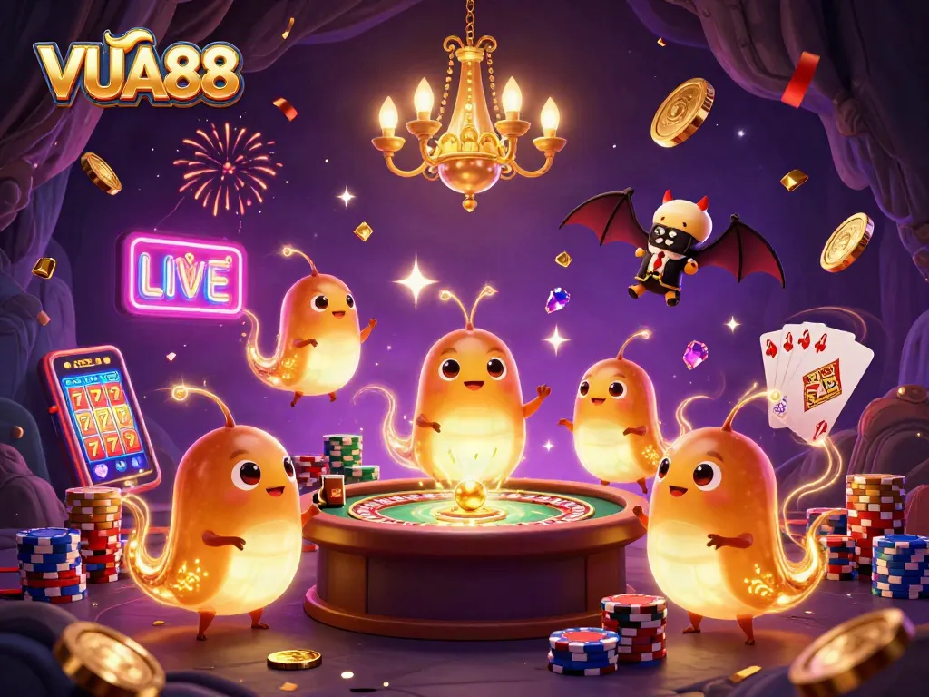 Experience the magic of VUA88 with glowworms illuminating a dynamic casino scene.