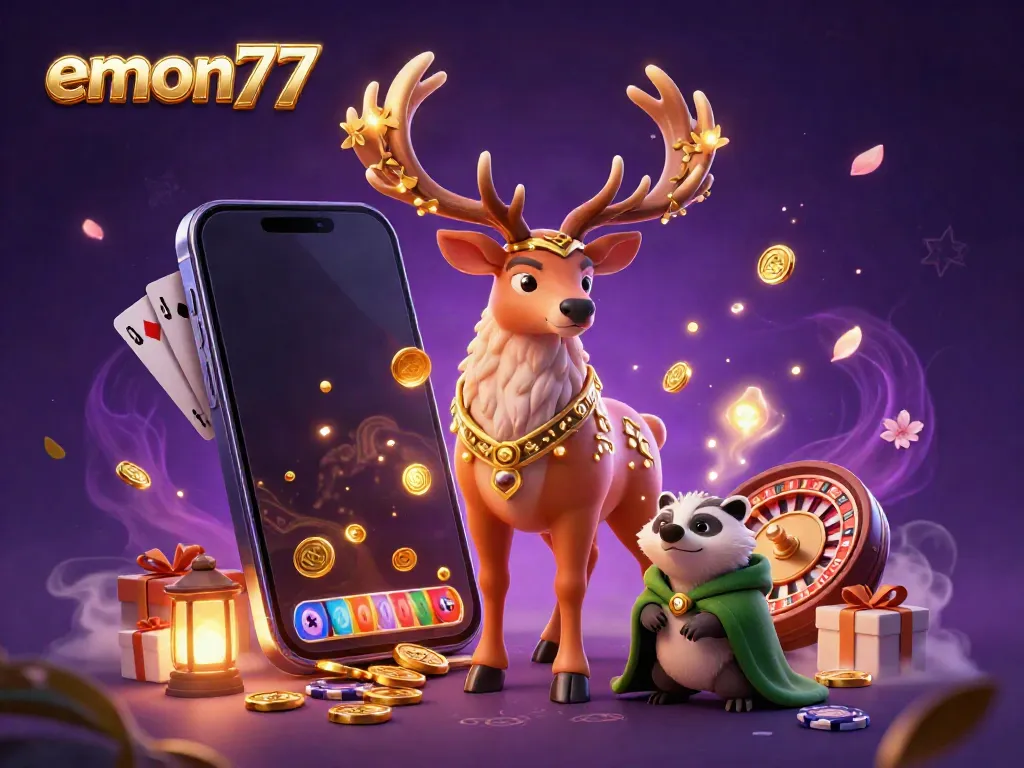 Experience enchanting gameplay with emon77's vibrant 3D portrayal of a Celtic druid stag amidst slot game elements.