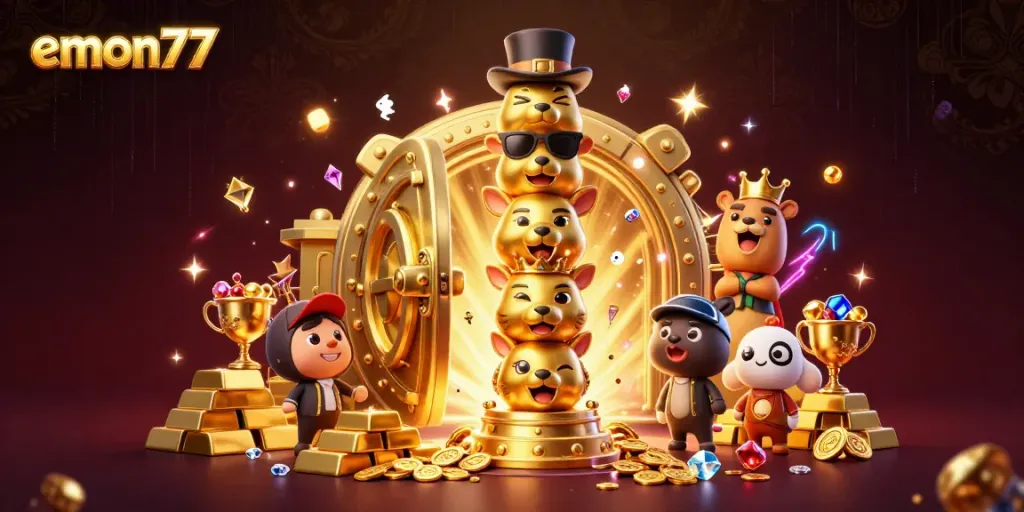 Celebrate winnings at emon77 with a vibrant casino scene filled with golden treasures and gaming elements.