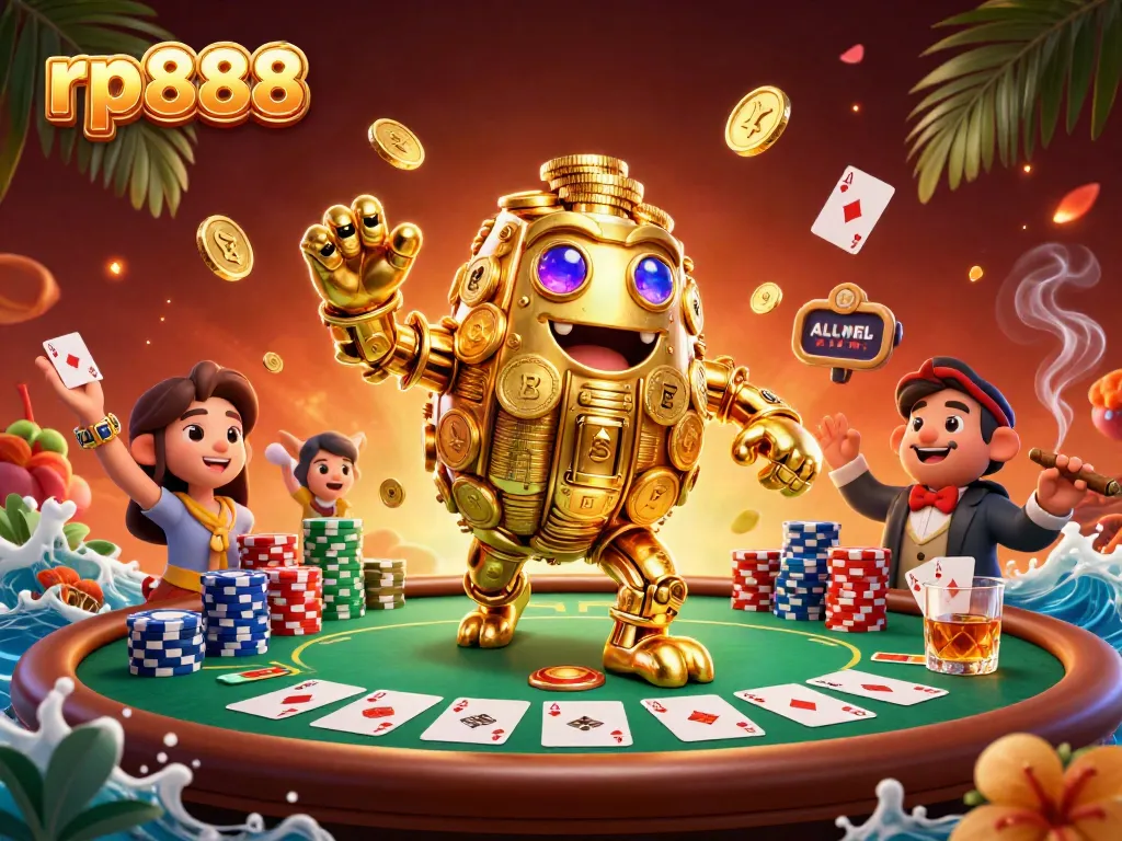 Engage in dynamic casino gameplay with the rp888 ancient golden golem surrounded by vibrant poker elements.