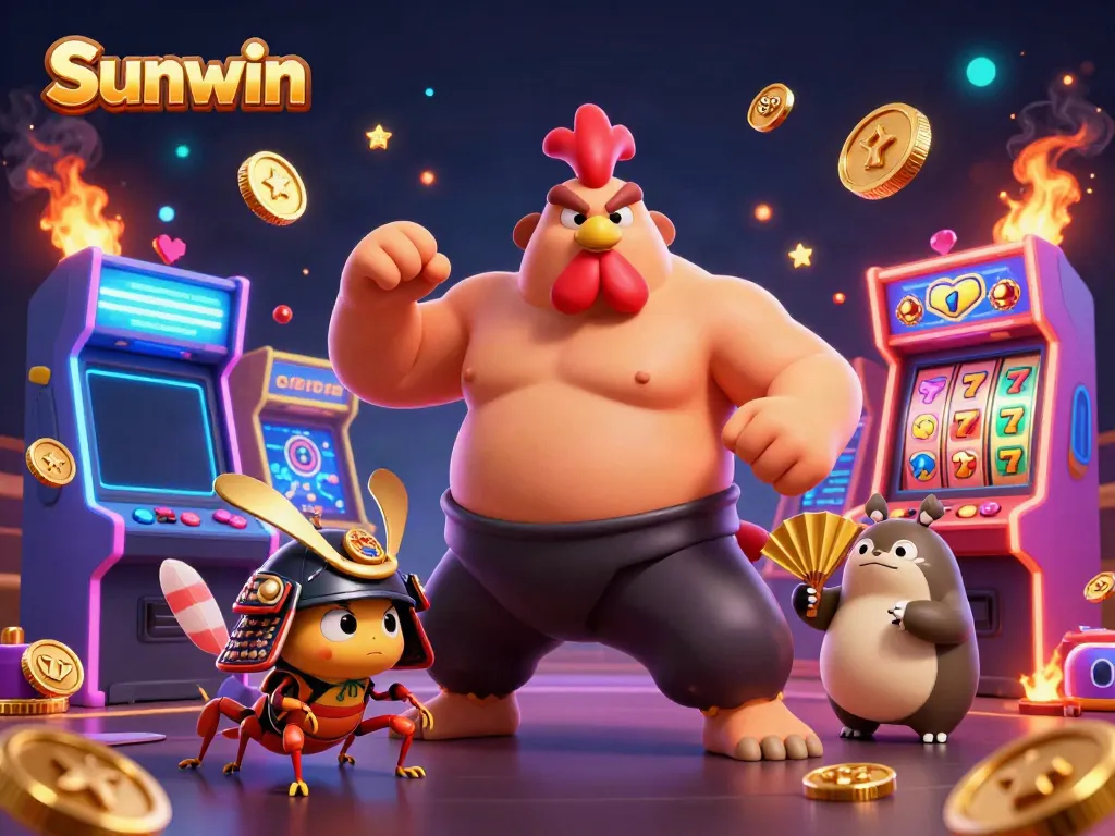 Engaging Sunwin illustration showcasing a powerful sumo wrestler rooster amidst dynamic casino elements, slot games, and vibrant graphics.