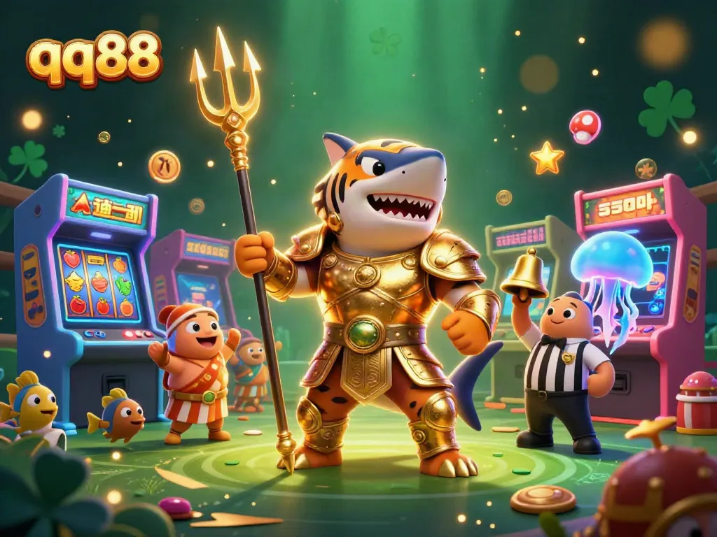 Experience thrilling qq88 casino adventures with a tiger shark gladiator amidst game machines and slot reels.