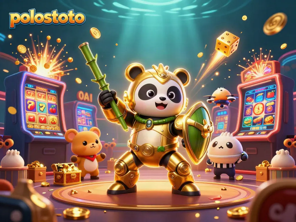Engage with polostoto in a lively casino scene featuring a golden panda and dynamic gaming elements.