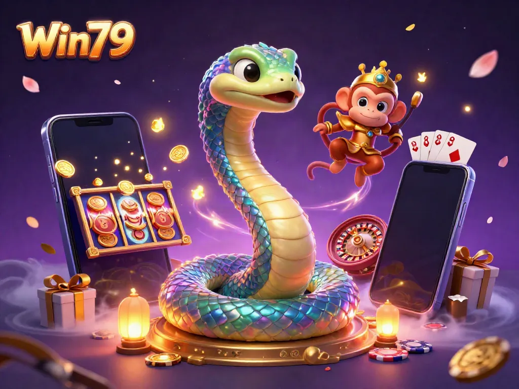 Win79 casino illustration depicting a vibrant scene with a rainbow serpent, monkey king, and slot game excitement.