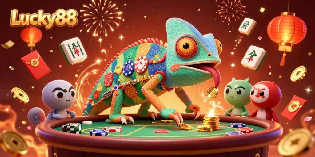 Experience Lucky88 with a vibrant chameleon casino owner amidst festive gaming elements.