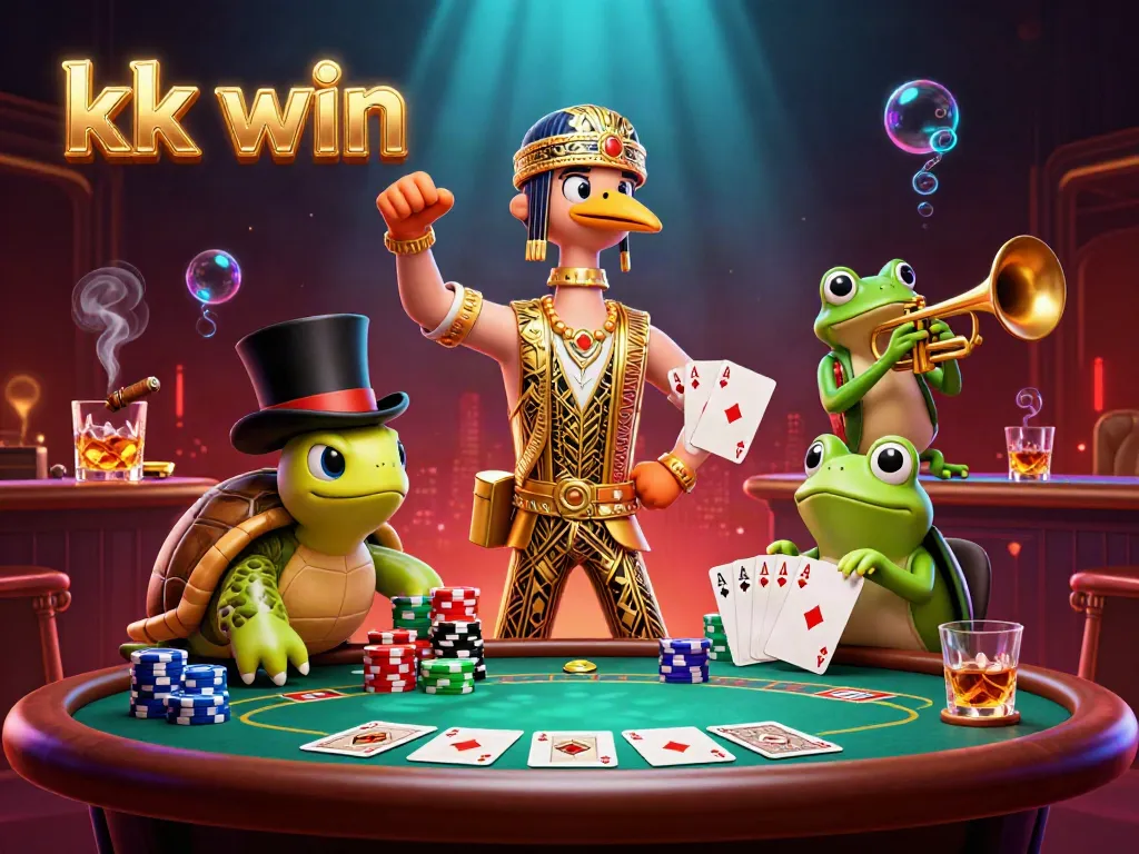 Engage with the thrilling scene of kk win, featuring vibrant casino action with poker elements and whimsical characters.