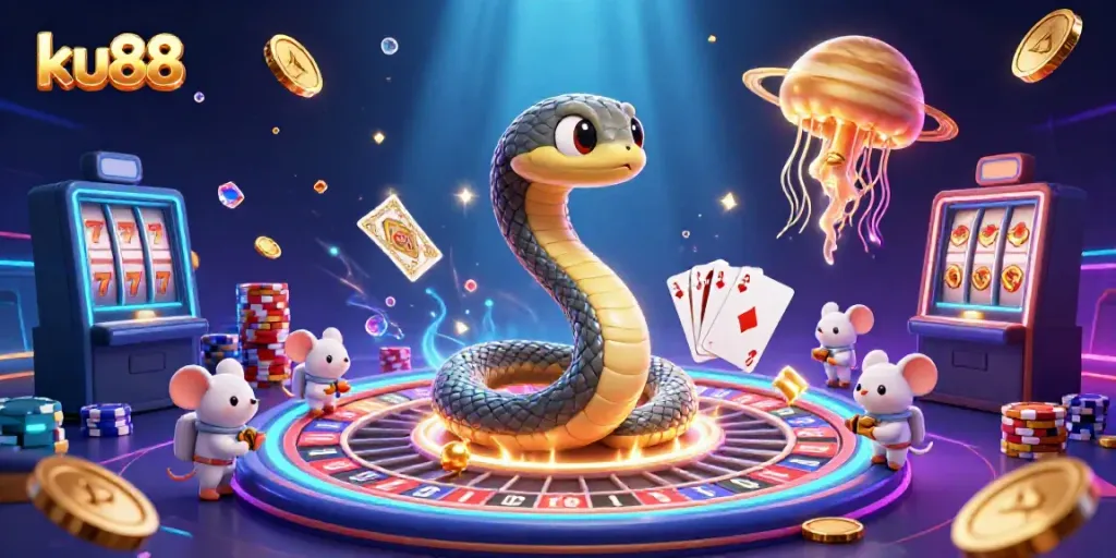 Engage with ku88's vibrant universe through a cosmic casino scene featuring roulette, astronaut mice, and a golden jellyfish dealer.