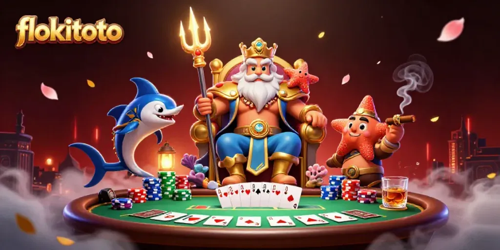 Experience the thrill of gambling with flokitoto, featuring Neptune and vibrant poker elements.