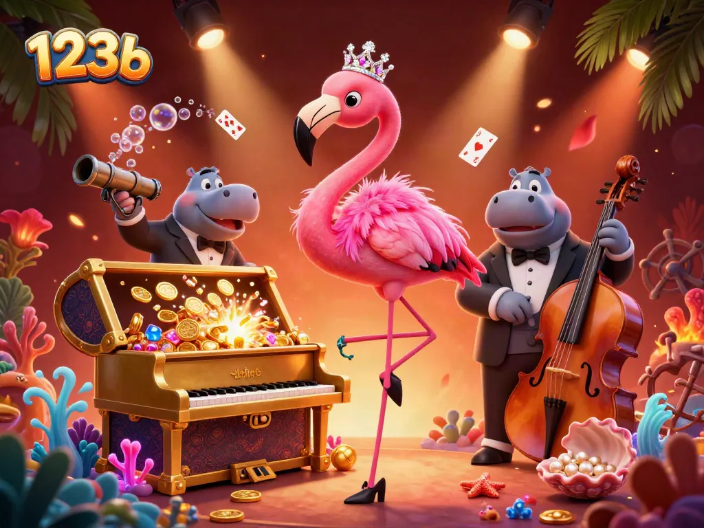 Engage with 123b in a vibrant casino scene featuring a flamingo singer and hippo bassist.