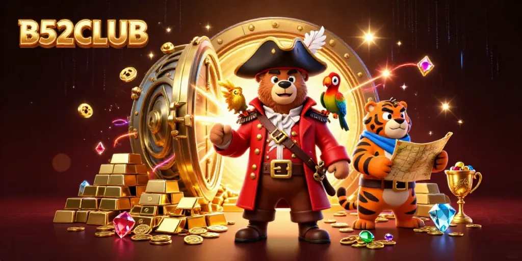 B52CLUB pirate-themed online casino scene with vibrant treasures, symbols, and lively characters.