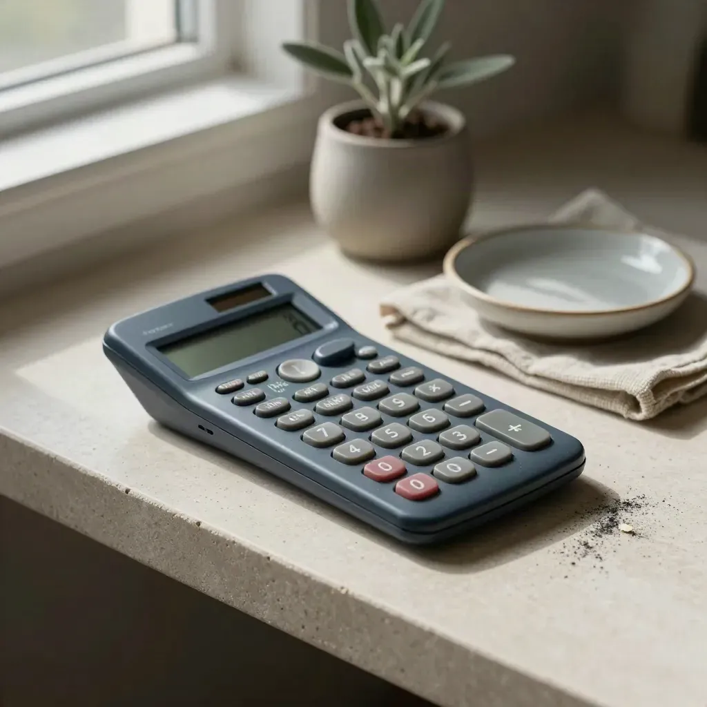 Kalkulator, lniana tkanina, mała roślina i ceramiczna miseczka na kamiennej półce.