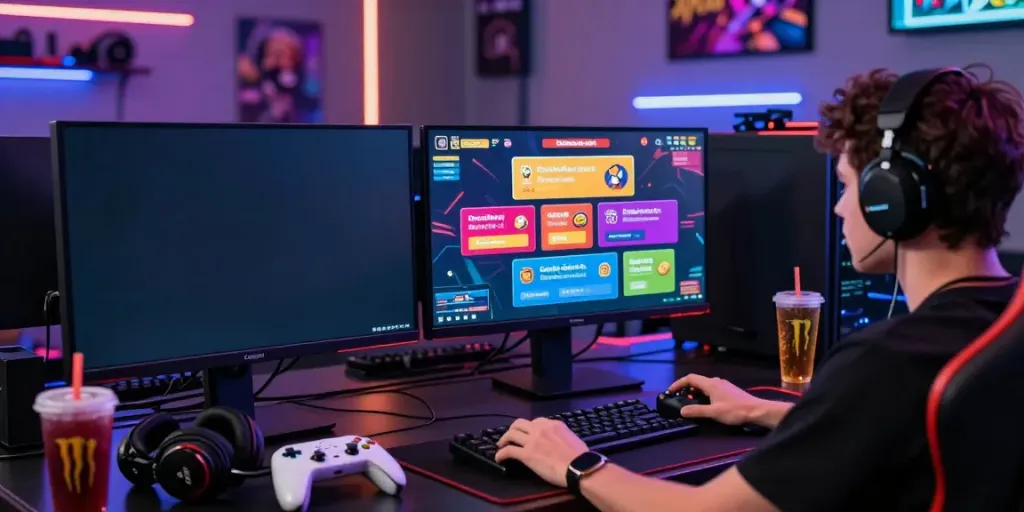 A player enjoying a credit card casino experience on dual screens with vibrant game displays and gaming paraphernalia.