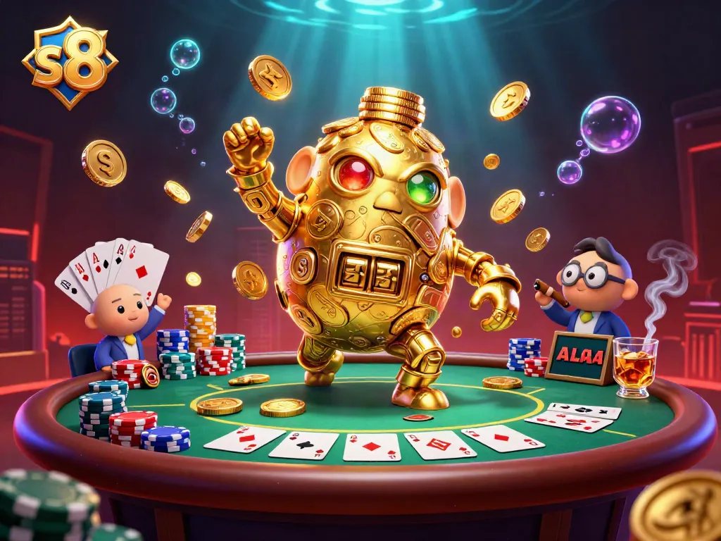 Spin the reels of fortune at s8, engaging with vibrant poker elements and dazzling gold coins in the exciting casino scene.