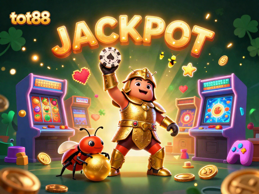 Experience the excitement of tot88 with a heroic beetle lifting a poker chip amid vibrant casino elements.