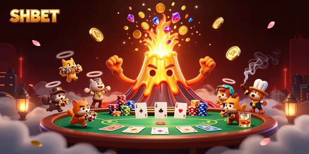 Experience the thrill of winning at SHBET with an erupting golden volcano and treasure-filled adventure.