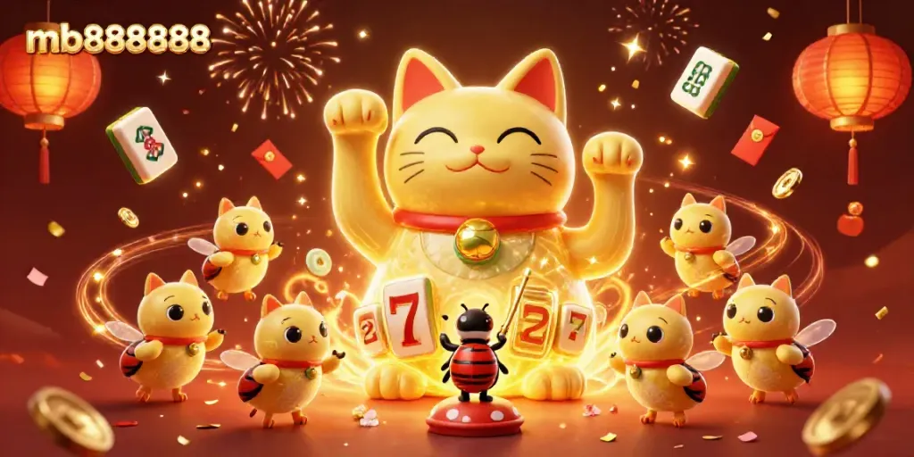 Experience the thrill of mb888888, with golden fireflies as a lucky cat surrounded by dynamic slot reels!