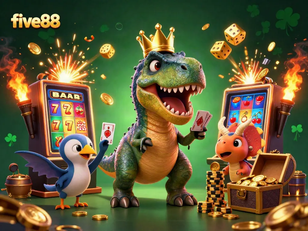 Exciting five88 gaming scene featuring a T-Rex card dealer, a pterodactyl assistant, and a triceratops with golden chips.