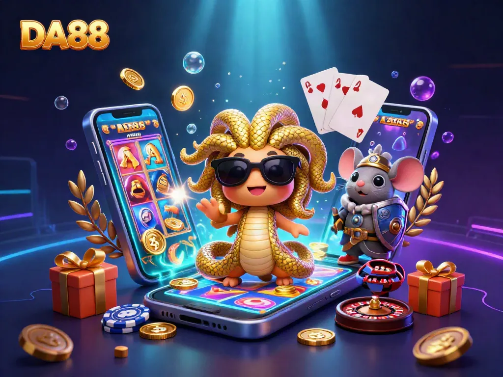 Engage with DA88 in this vibrant 3D casino scene filled with slot games and playful characters.