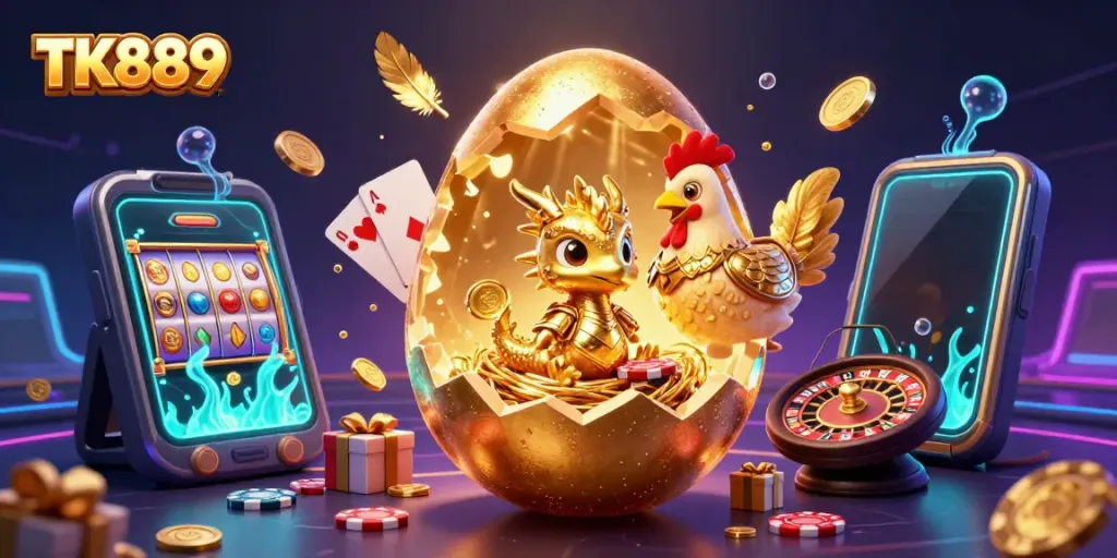 Engage with TK889's vibrant gaming world featuring a golden dragon, poker chips, and thrilling casino elements.