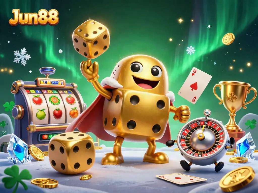 Experience thrilling gameplay with Jun88's lively slot theme featuring a dice golem and dynamic elements.