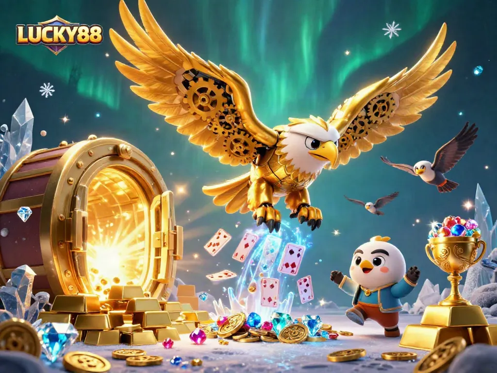 LUCKY88 casino adventure with a golden eagle and dynamic holographic cards amidst treasures.