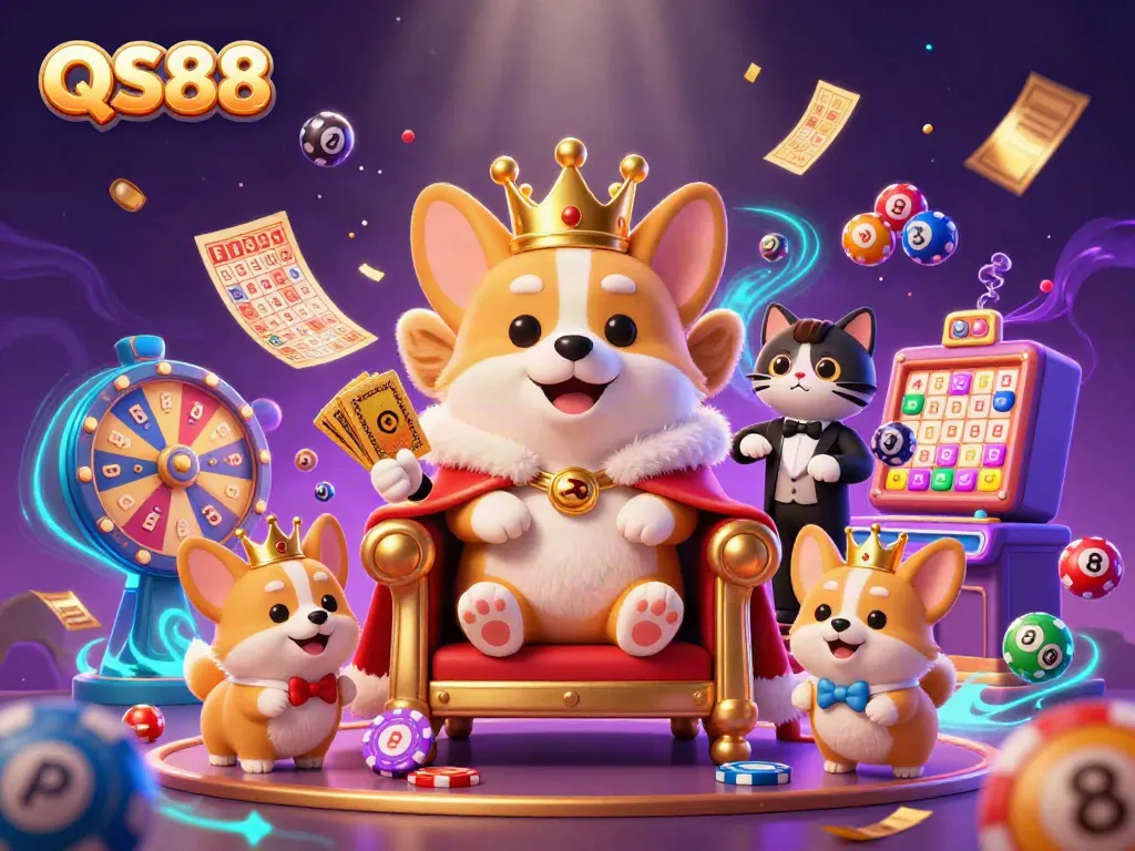 Experience thrilling gameplay with QS88 featuring a royal corgi on a poker chip throne amidst vibrant gambling elements.