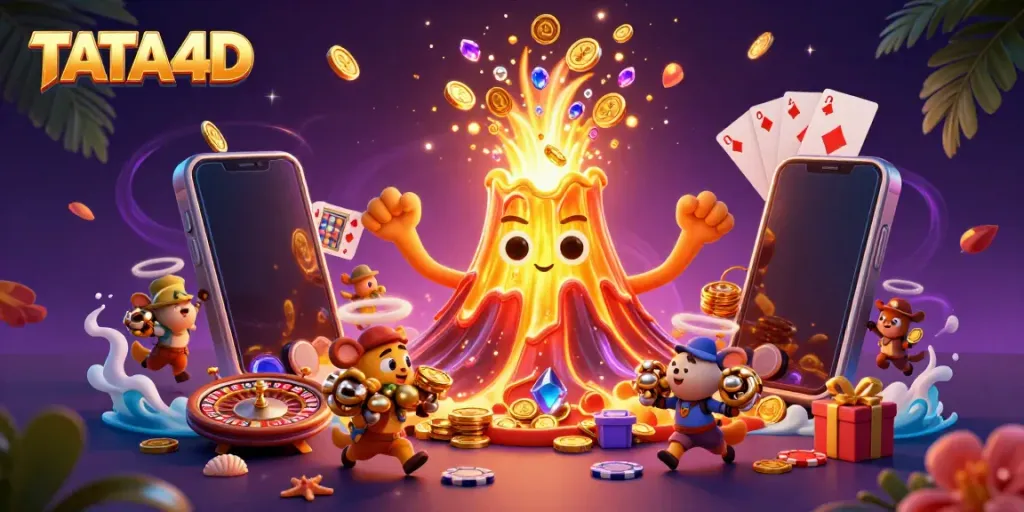 Engaging TATA4D gaming illustration with a triumphant volcano, treasures, and vibrant casino elements.