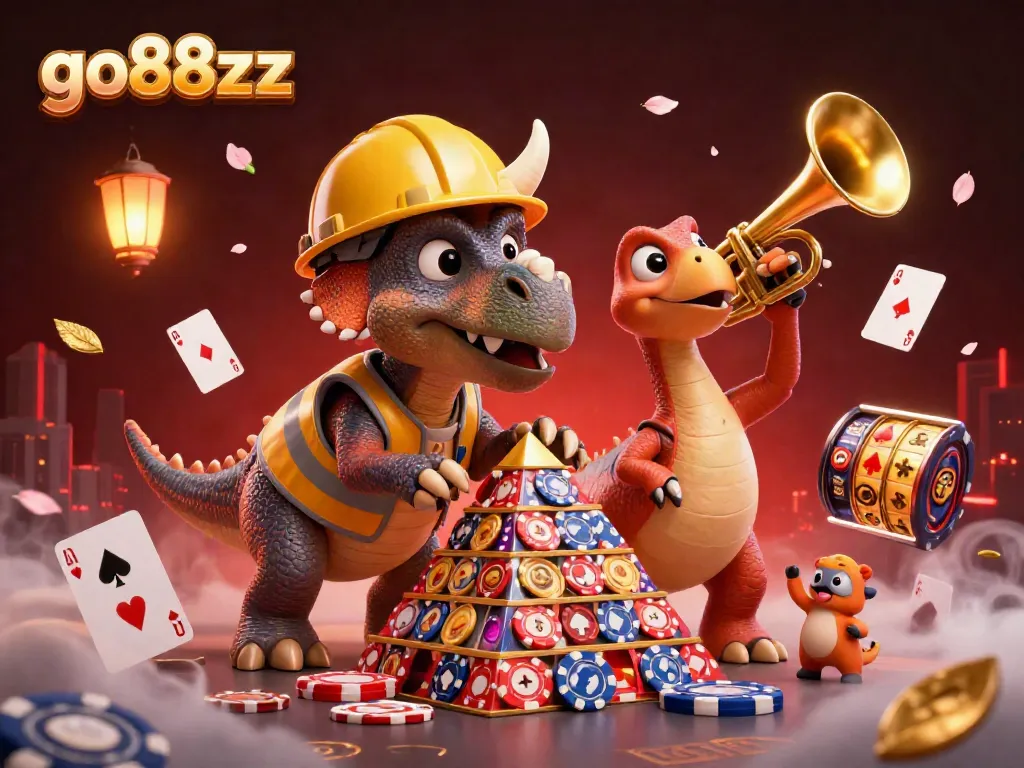 Engage with go88xz as a triceratops builds poker chip pyramids while celebratory elements fill the casino scene.