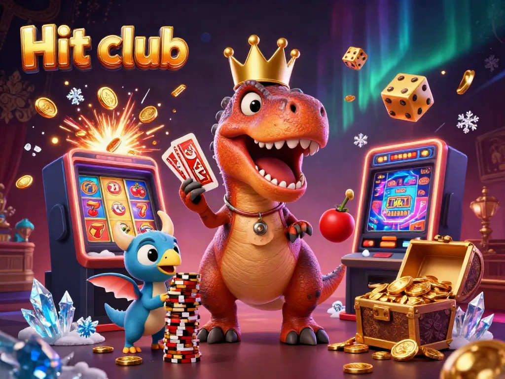 Hit club characters enjoying casino excitement with a T-Rex, pterodactyl, and triceratops amid vibrant slot machines.