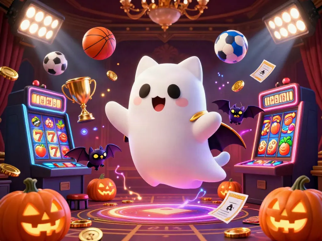 Experience gaming adventures with b52club in this lively casino scene featuring a ghost cat and vibrant game elements.