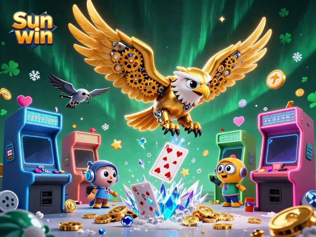 Experience the excitement of Sun win with vibrant casino-themed visuals featuring a cybernetic eagle and arcade elements.