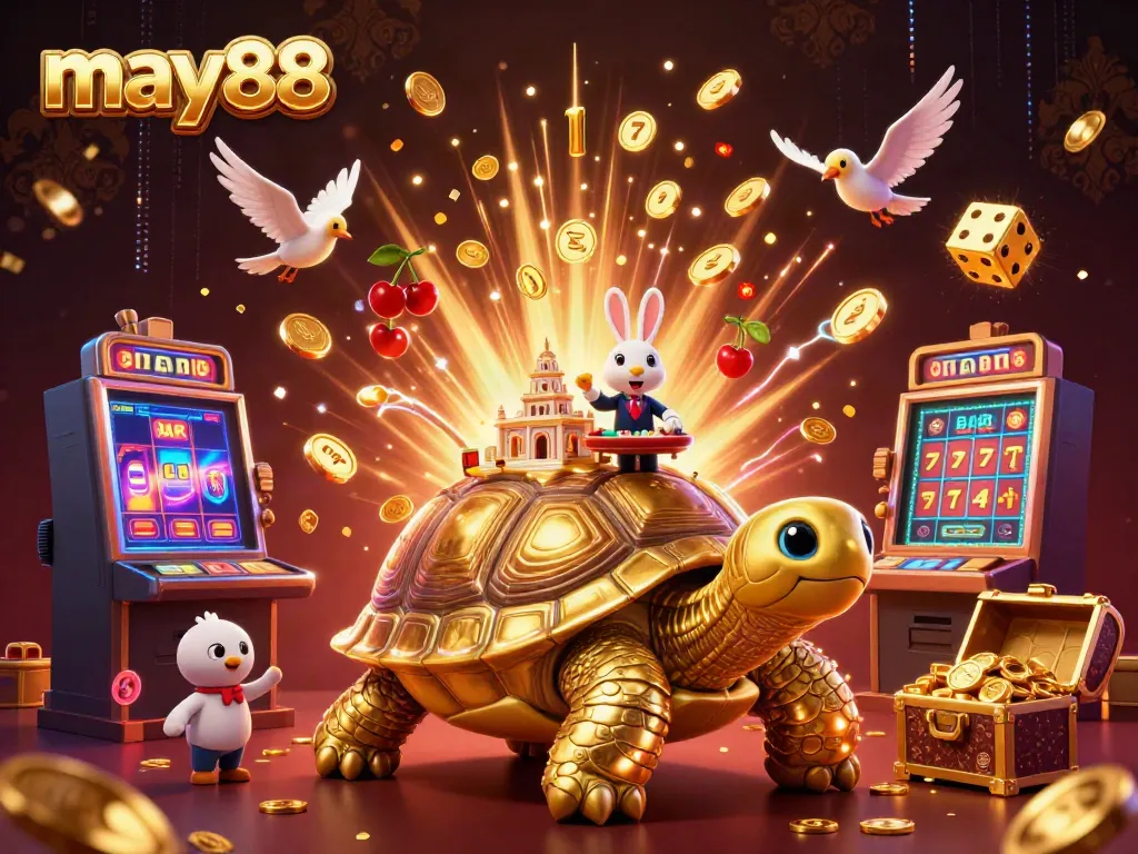 Experience thrilling wins at may88 with golden tortoise casino illustration bursting with excitement.