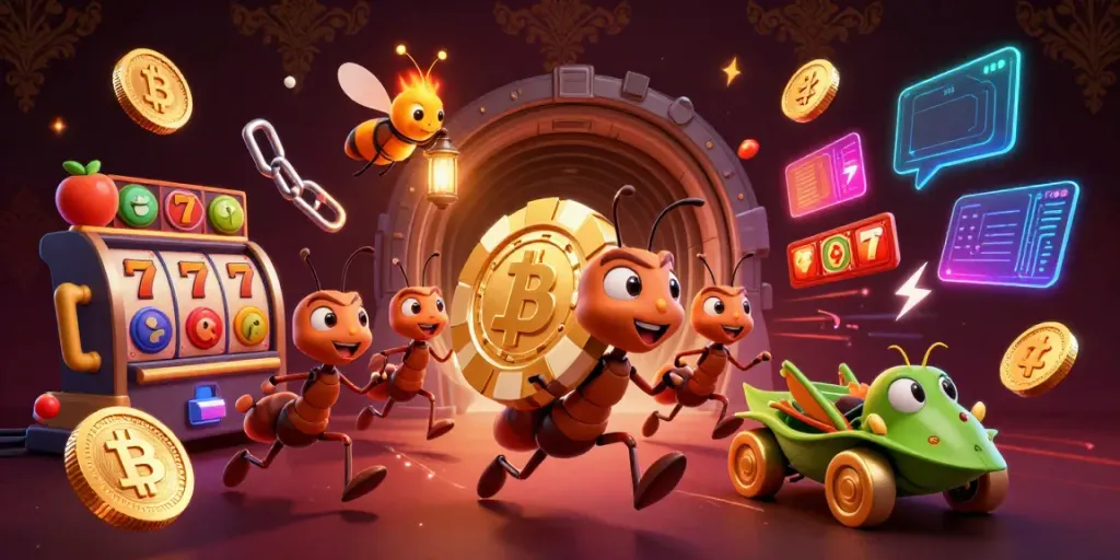 Semut mencuri chip poker emas di kasino, menampilkan slot dan simbol buah, serta logo texpertis.