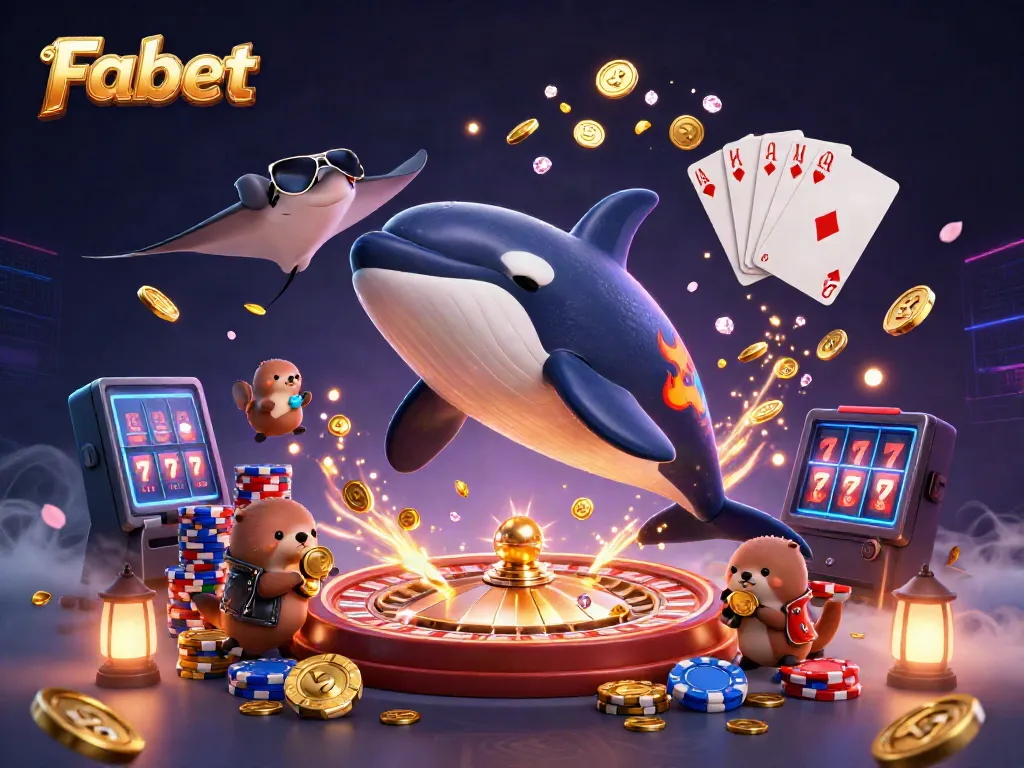 Experience the thrill of Fabet with animated casino characters celebrating with golden coins.