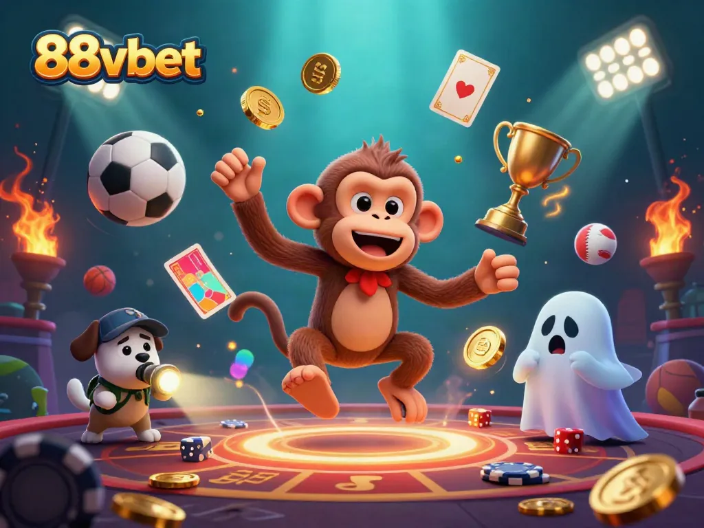 Experience the thrills of 88vbet with a playful poltergeist in a casino surrounded by sports elements.