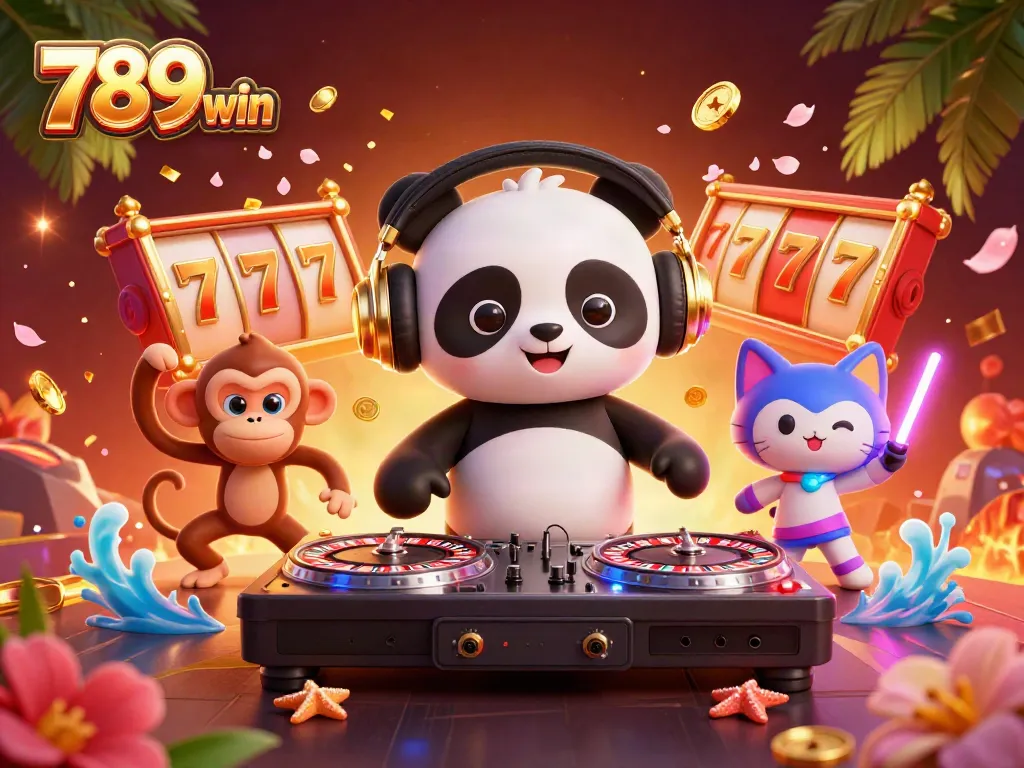 Engage with 789win's thrilling atmosphere in a vibrant 3D illustration filled with dynamic casino elements.