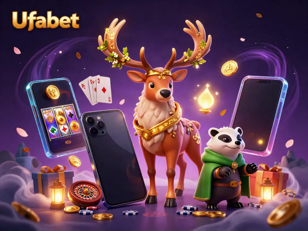 Experience dynamic gambling fun with Ufabet's vibrant 3D casino scene featuring games and mythical characters.