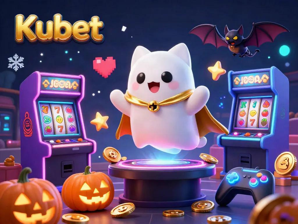 Kubet casino scene with a friendly ghost cat and vampire bat playing exciting arcade-style games.