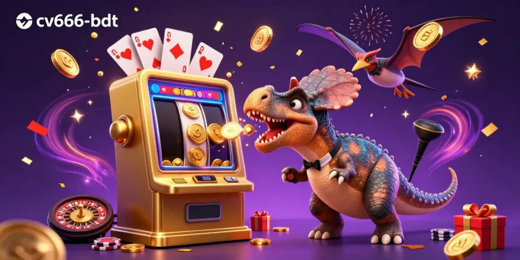 Engage with cv666-bdt's thrilling slot experience, as a pachycephalosaurus triggers a jackpot amidst flying coins and a vibrant casino ambiance.
