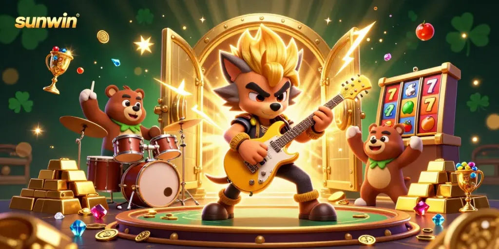 Experience thrilling gameplay with sunwin as a cartoon rock star wolf and drummer bear on an exciting casino stage.